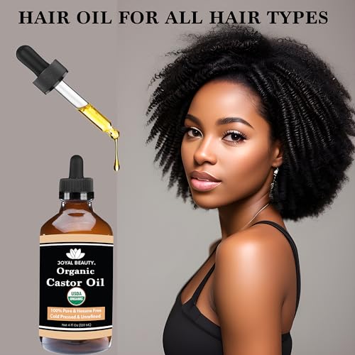 JOYAL BEAUTY Castor Oil USDA Certified Organic(4oz). 100% Pure Cold Pressed Unrefined Hexane Free Glass Bottle. Hair Eyelashes Eyebrows Lash Serum. For Face, Skin, Body, Belly Button. Free Mascara