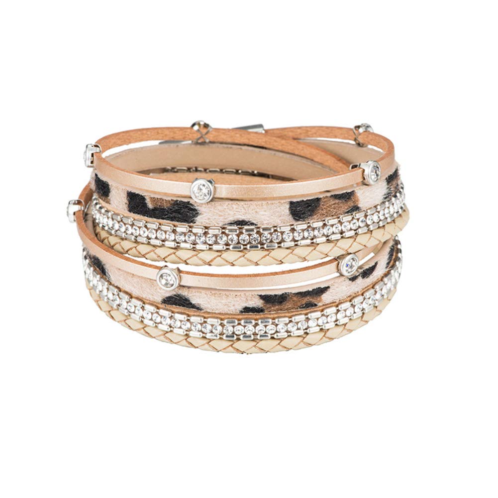 lureme Leather Leopard Wrap Bracelet with Rhinestones Magnetic Clasp Bracelet for Women (bl003513-4) Khaki