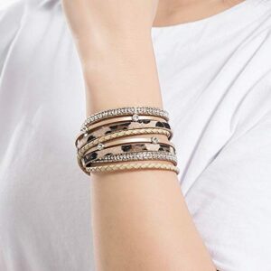 lureme Leather Leopard Wrap Bracelet with Rhinestones Magnetic Clasp Bracelet for Women (bl003513-4) Khaki