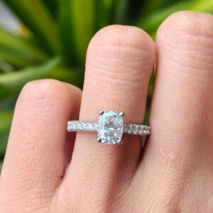 DovEggs Moissanite Ring for Women 1.8ct 6x8mm GHI Color Elongated Cushion Crushed Ice Cut Moissanite Hidden Halo Vintage Engagement Ring 14k Gold QUALITY Silver(Crushed Ice Cut, 9.5)