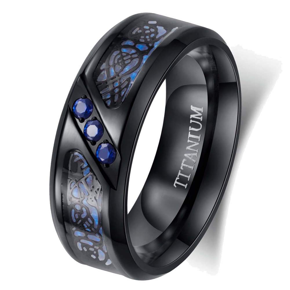 TWO RINGS His Hers Wedding Ring Sets Couples Rings Women's Black Gold Plated Blue Sapphire CZ Wedding Engagement Ring Bridal Sets & Men's Titanium Wedding Band