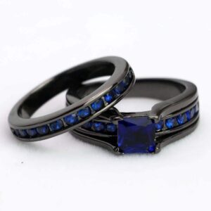 TWO RINGS His Hers Wedding Ring Sets Couples Rings Women's Black Gold Plated Blue Sapphire CZ Wedding Engagement Ring Bridal Sets & Men's Titanium Wedding Band