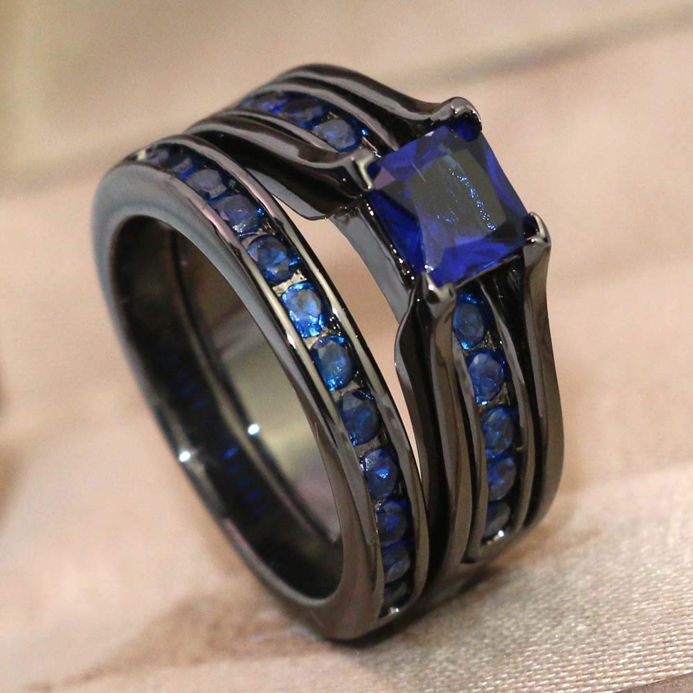 TWO RINGS His Hers Wedding Ring Sets Couples Rings Women's Black Gold Plated Blue Sapphire CZ Wedding Engagement Ring Bridal Sets & Men's Titanium Wedding Band