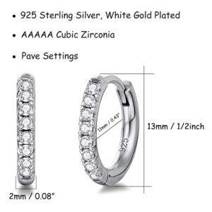 FANCIME 14K White Gold Plated Sterling Silver Hoops Round Cut Clear CZ Cubic Zirconia Hinged Cartilage Dainty Huggie Tiny Small Hoop Earrings for Women, 13mm