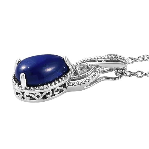 SHOP LC Stainless Steel 925 Sterling Silver Platinum Lapis Lazuli and White Topaz Pendant Necklace Delicate Jewelry Size 20" Unique Gifts for Women Birthday Gifts