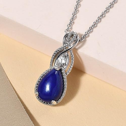 SHOP LC Stainless Steel 925 Sterling Silver Platinum Lapis Lazuli and White Topaz Pendant Necklace Delicate Jewelry Size 20" Unique Gifts for Women Birthday Gifts