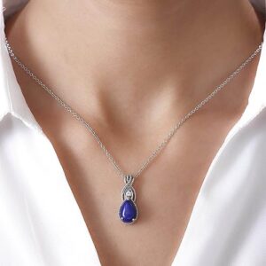 SHOP LC Stainless Steel 925 Sterling Silver Platinum Lapis Lazuli and White Topaz Pendant Necklace Delicate Jewelry Size 20" Unique Gifts for Women Birthday Gifts