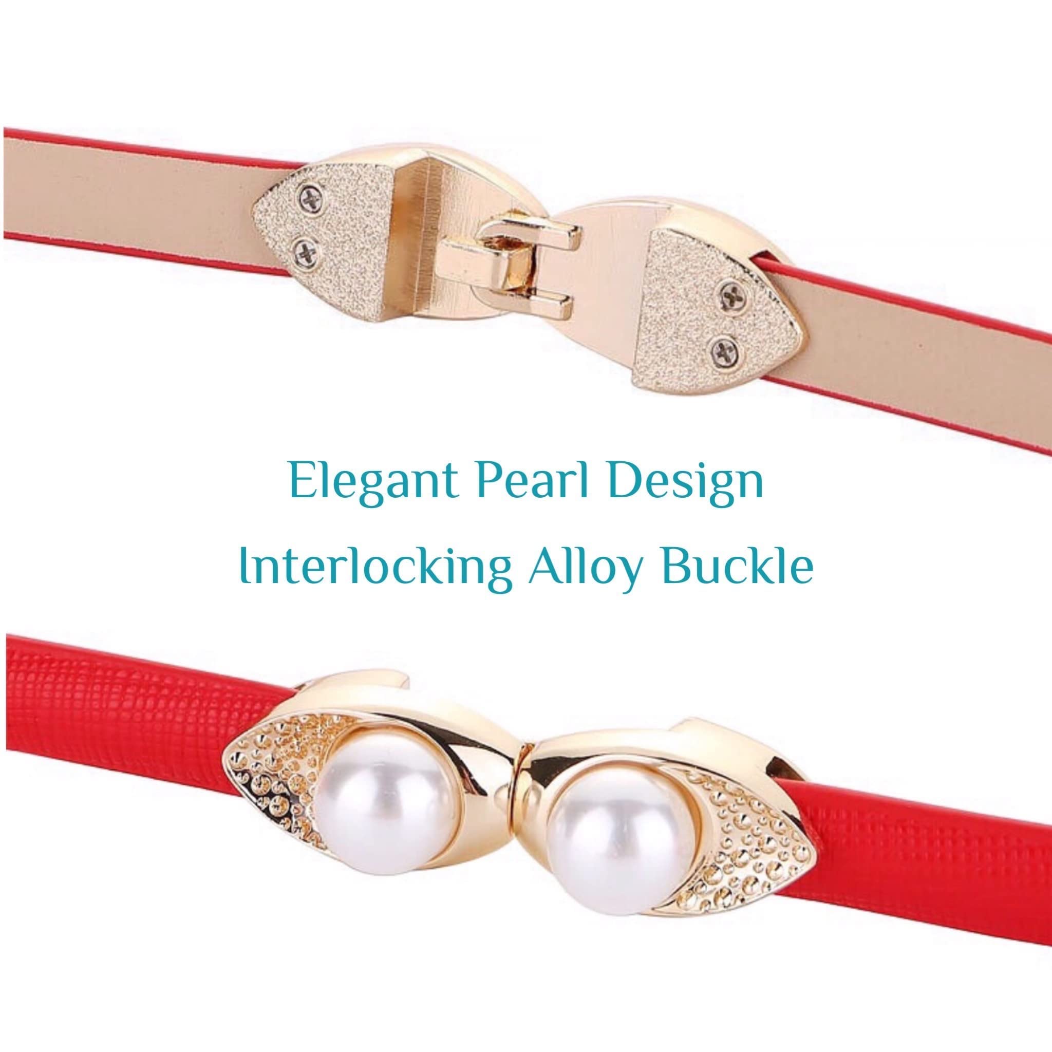 Women's Belt Skinny Soft Genuine Leather Belts Slim Dress Fashion Waist Belt Gold Solid Pearl Shaped Buckle Waistband, White