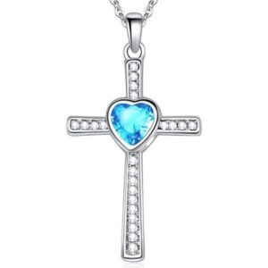 jude jewelers stainless steel heart birthstone cross statement wedding cocktail party pendant necklace (mar-aquamarine)