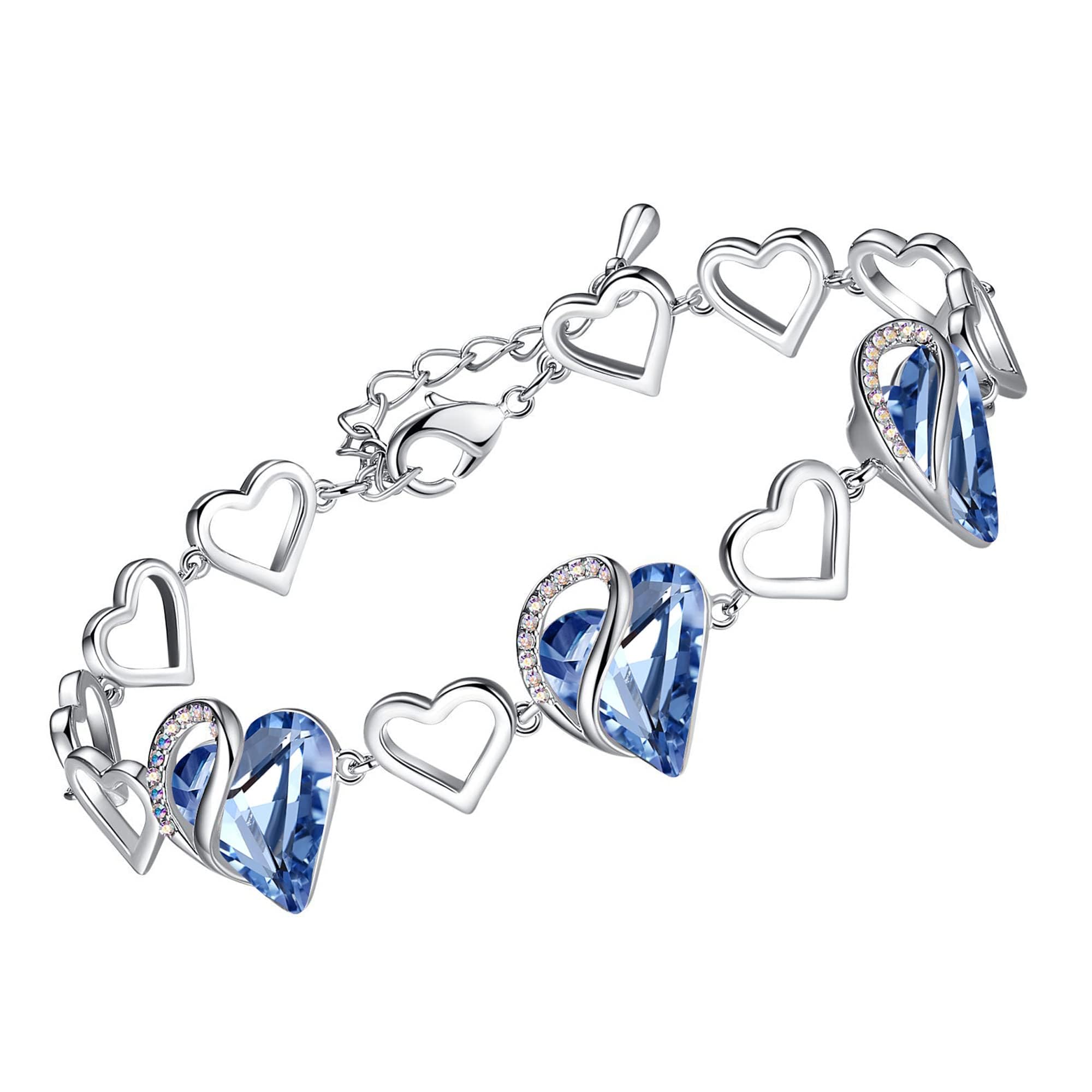 Leafael Infinity Love Heart Link Bracelets, March & December Birthstone Crystal Bracelet for Women, Silver Tone Jewelry Gifts for Her, Light Sapphire Blue, 7-inch Chain and 2-inch Extender