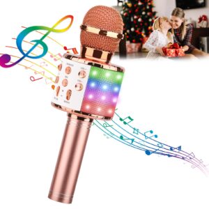 ShinePick Karaoke Microphone, 4 in 1 Wireless Microphone with LED Lights Handheld Portable Karaoke Machine, Home KTV Player, Compatible with Android & iOS Devices(Pink)