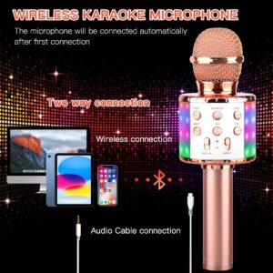 ShinePick Karaoke Microphone, 4 in 1 Wireless Microphone with LED Lights Handheld Portable Karaoke Machine, Home KTV Player, Compatible with Android & iOS Devices(Pink)