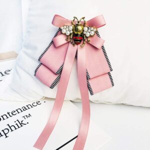 Vpang Retro Pearl Bee Bow Brooch Pre-Tied Neck Tie Brooch Pin Satin Ribbon Bow Tie for Women Wedding Party Bow Tie