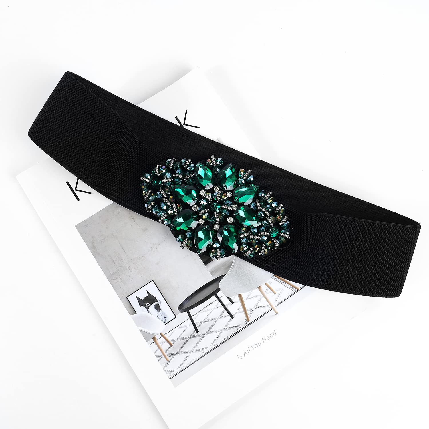 E-Clover Fashion Floral Rhinestone Buckle Women's Elastic Waist Cinch Belt for Dress for Waist Size 25''-32''(Green1)