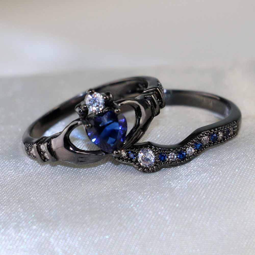 2 Rings His and Hers Couple Rings Bridal Sets Black Gold Filled Heart Blue Cz Womens Wedding Ring Sets Man Titanium Band Mens Ring