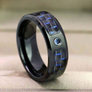 2 Rings His and Hers Couple Rings Bridal Sets Black Gold Filled Heart Blue Cz Womens Wedding Ring Sets Man Titanium Band Mens Ring