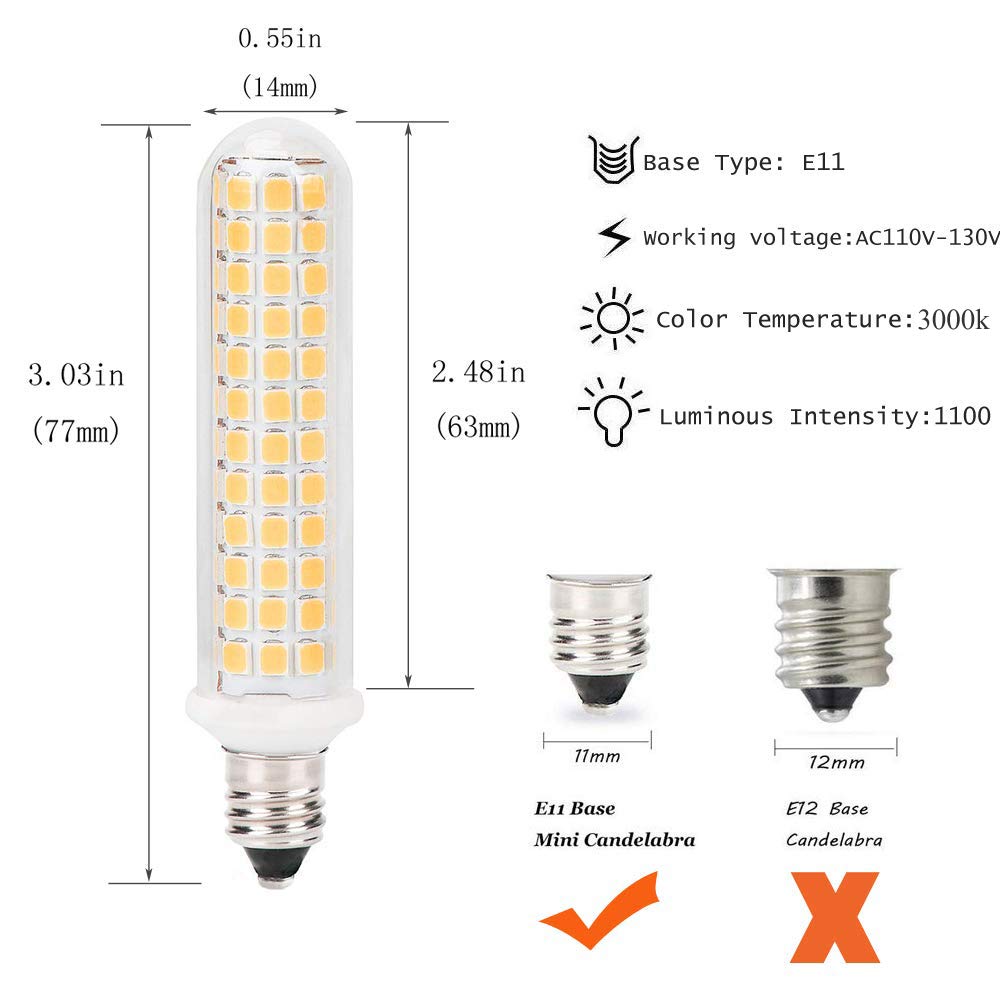 G MGY OLED E11 LED Bulb 9W, LED E11 Dimmable, JD T4 E11 Mini Candelabra Base, 100W 120W Halogen Bulb Replacement, 1100LM, AC120V, for Indoor Decorative Lighting (Warm White 3000k 2-Pack)