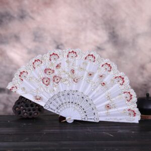 Best Chinese Style Dance Wedding Party Lace Silk Folding Hand Held Flower Fan - HHmei Fan, Decorative Fan, Retro Fan, Dance Fan, Gilded (White)