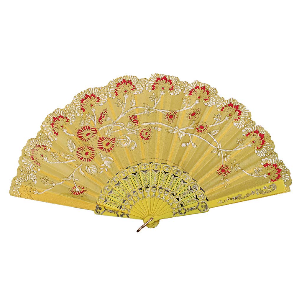 Best Chinese Style Dance Wedding Party Lace Silk Folding Hand Held Flower Fan - HHmei Fan, Decorative Fan, Retro Fan, Dance Fan, Gilded (White)