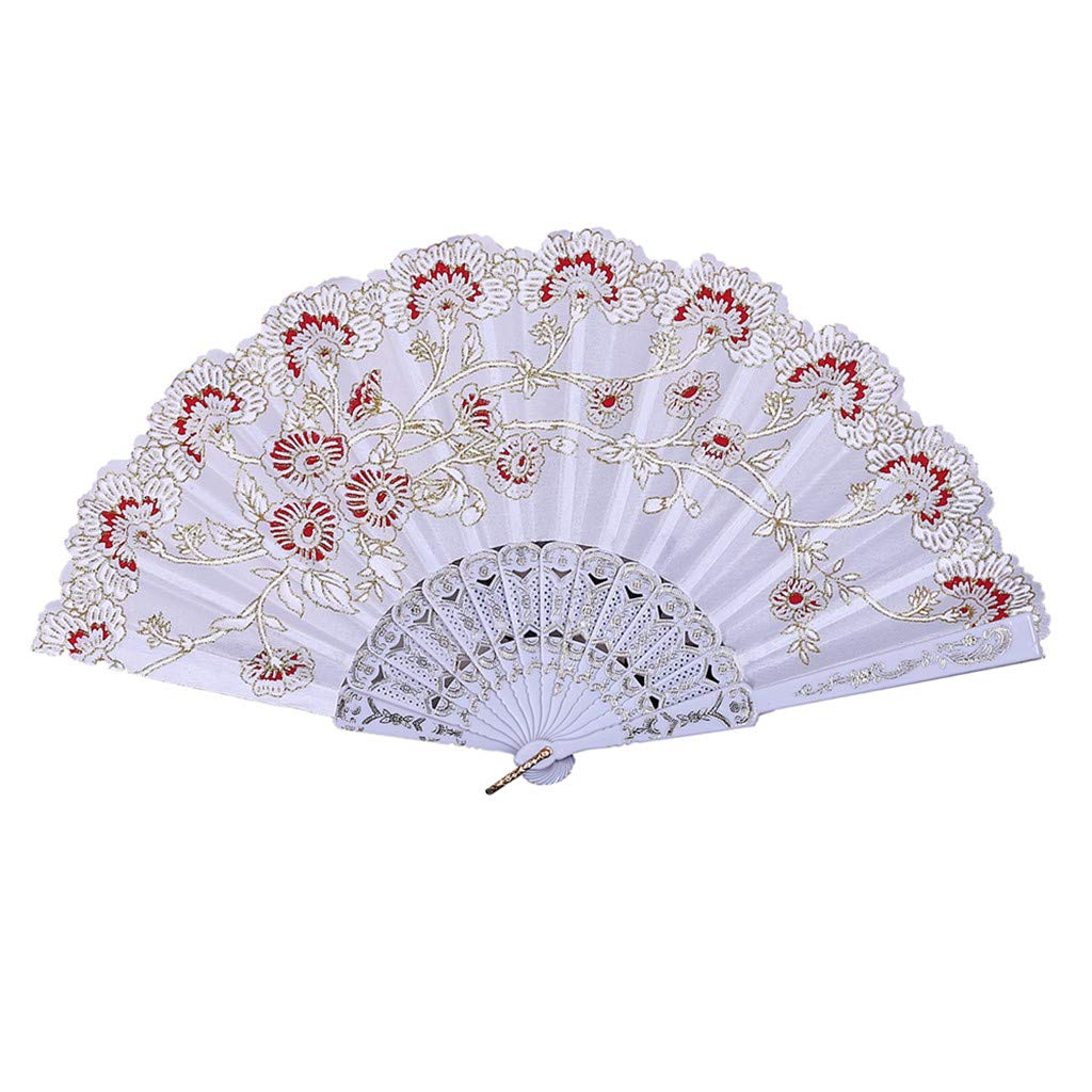 Best Chinese Style Dance Wedding Party Lace Silk Folding Hand Held Flower Fan - HHmei Fan, Decorative Fan, Retro Fan, Dance Fan, Gilded (White)