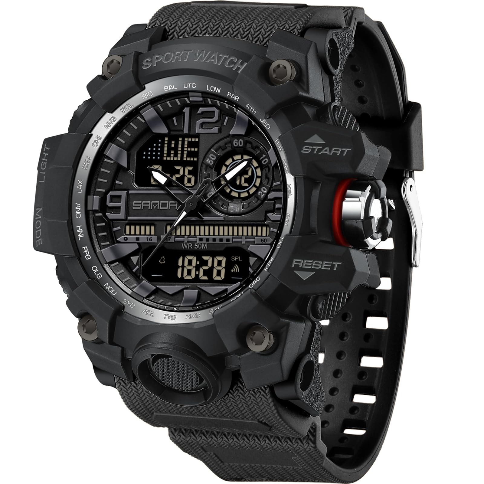 WISHFAN Men’s Military Watch, Dual-Display Waterproof Sports Digital Watch Big Wrist for Men with Alarm (black)