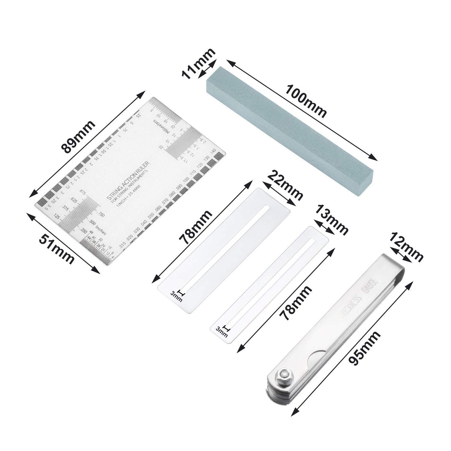 Uiegurit 15 Pieces Guitar Radius Gauge Set Including String Action Ruler, 32 Blades Feeler Gauge, Fingerboard Fret Protector Guards and Grinding Stone for Guitar and Bass Setup