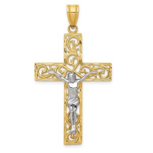 diamond2deal 14k gold two-tone large block filigree cross crucifix pendant fine jewelry for women (l- 46 mm w- 25 mm)