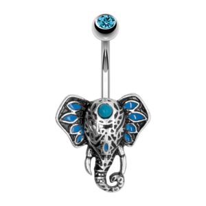 Pierce2GO Tribal Elephant Belly Button Ring - 316L Surgical Grade Stainless-Steel Belly Button Rings Studded with Faux Blue Pearls anz Cubic Zirconia Stone - Belly Piercings Navel Ring for Women