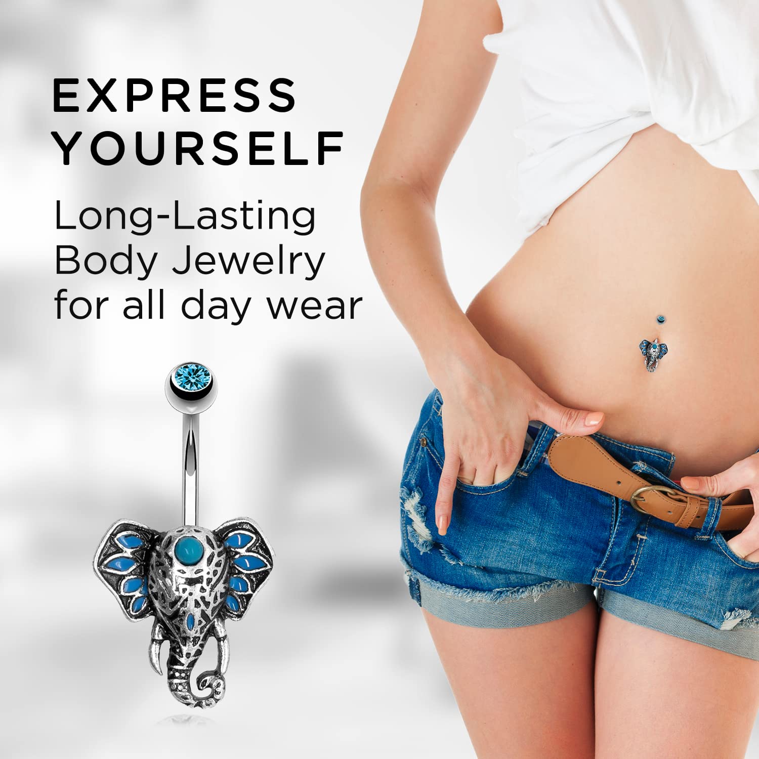 Pierce2GO Tribal Elephant Belly Button Ring - 316L Surgical Grade Stainless-Steel Belly Button Rings Studded with Faux Blue Pearls anz Cubic Zirconia Stone - Belly Piercings Navel Ring for Women