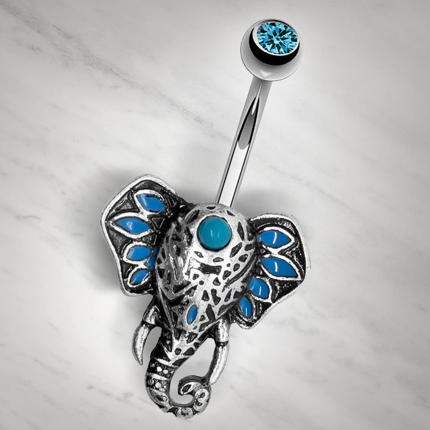 Pierce2GO Tribal Elephant Belly Button Ring - 316L Surgical Grade Stainless-Steel Belly Button Rings Studded with Faux Blue Pearls anz Cubic Zirconia Stone - Belly Piercings Navel Ring for Women