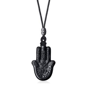 COAI Adjustable Nylon Cord Hamsa Hand Obsidian Black Stone Necklace