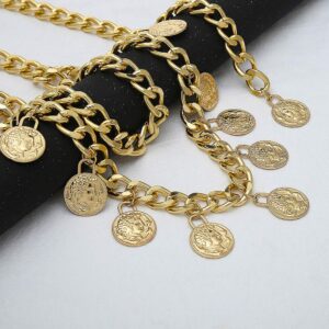 Jurxy Alloy Waist Chain Body Chain for Women Waist Belt Coin Tassel Pendant Belly Chain Adjustable Body Harness for Jeans Dresses – Gold Style 8