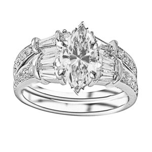 1.29 Ctw Platinum Baguette Round GIA Certified Diamond Engagement Ring Wedding Bridal Band Set Marquise Shape (0.54 Ct E Color VVS2 Clarity Center Stone)