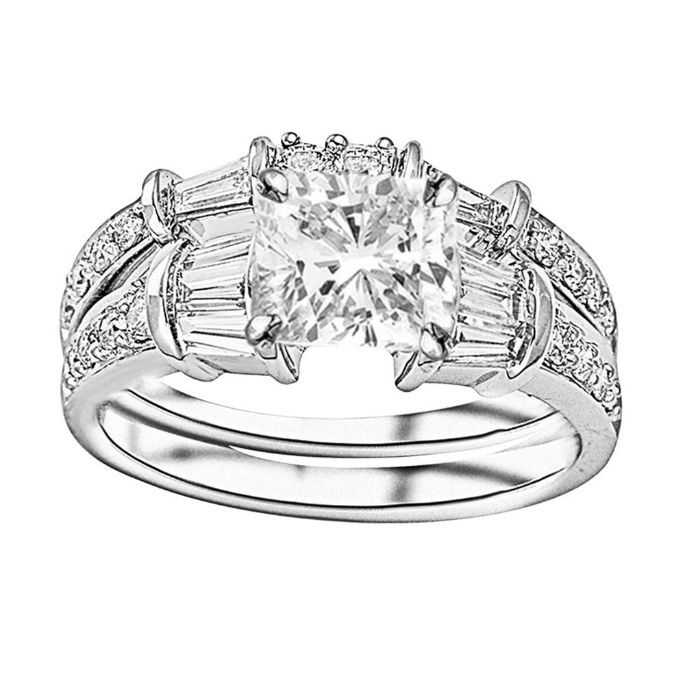 1.75 Ctw 14K White Gold Baguette Round GIA Certified Diamond Engagement Ring Wedding Bridal Band Set Cushion Cut (1 Ct I Color SI2 Clarity Center Stone)