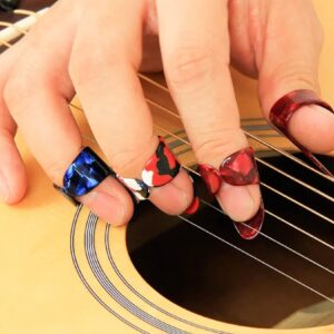 48Pcs Guitar Finger Protector Guitar Fingertip Protectors 4 Sizes Silicone Finger Guards Cover 5Pcs Thumb and forefinger picks for Ukulele Electric Guitar and10 Guitar Picks