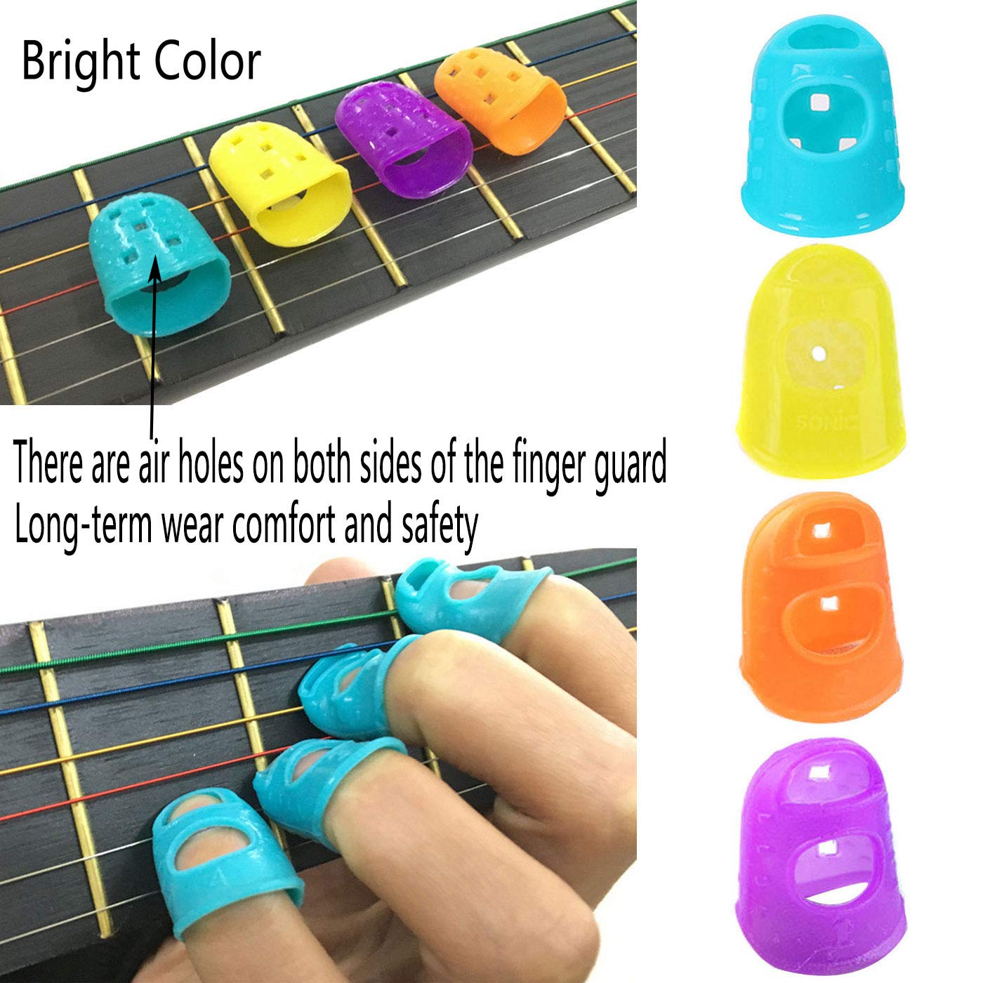 48Pcs Guitar Finger Protector Guitar Fingertip Protectors 4 Sizes Silicone Finger Guards Cover 5Pcs Thumb and forefinger picks for Ukulele Electric Guitar and10 Guitar Picks