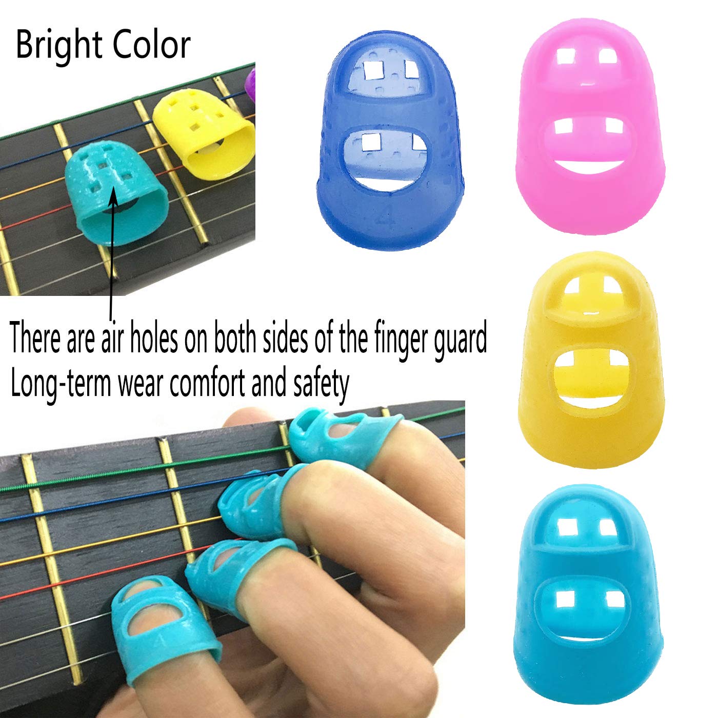 48Pcs Guitar Finger Protector Guitar Fingertip Protectors 4 Sizes Silicone Finger Guards Cover 5Pcs Thumb and forefinger picks for Ukulele Electric Guitar and10 Guitar Picks