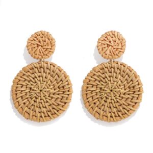 aratlench rattan woven dangling earrings handmade straw dangle drop earrings boho summer beach statement circle ball hoop earrings for women (rattan disc)