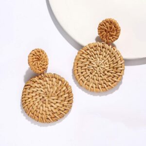 ARATLENCH Rattan Woven Dangling Earrings Handmade Straw Dangle Drop Earrings Boho Summer Beach Statement Circle Ball Hoop Earrings for Women (rattan disc)