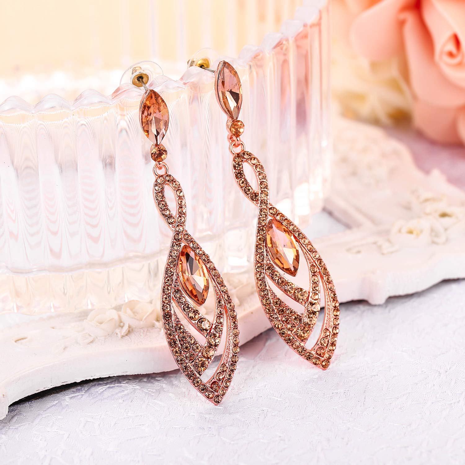 BriLove Fashion Dangle Earrings for Women Crystal Gorgeous Twisted Dual Teardrop Chandelier Earrings Peach Morganite Color Rose-Gold-Toned.