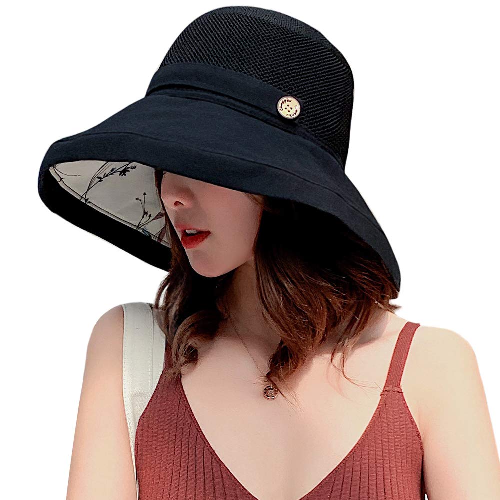 Women Mesh Sun Hats Summer Beach UV Protection UPF Packable Wide Brim Chin Strap (Black)