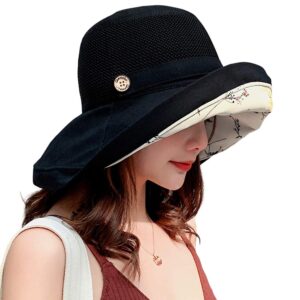 Women Mesh Sun Hats Summer Beach UV Protection UPF Packable Wide Brim Chin Strap (Black)