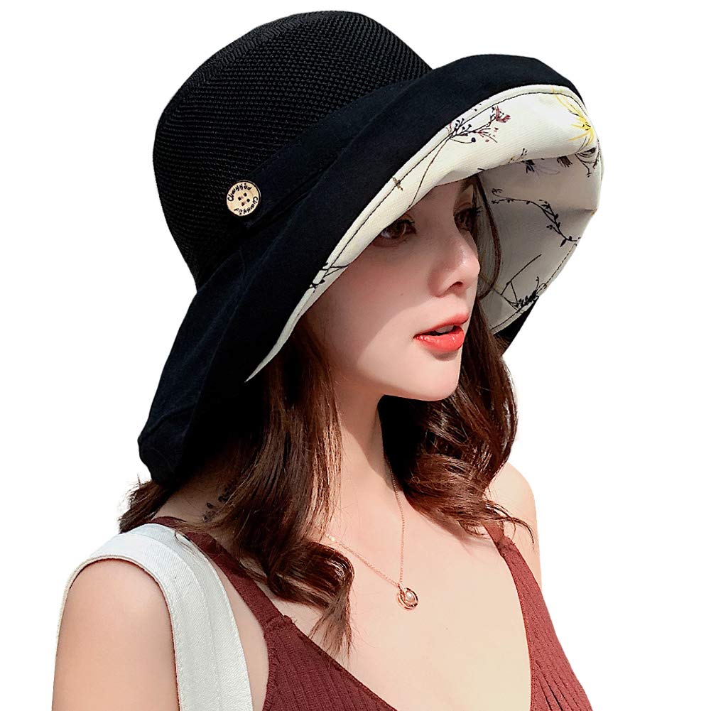 Women Mesh Sun Hats Summer Beach UV Protection UPF Packable Wide Brim Chin Strap (Black)