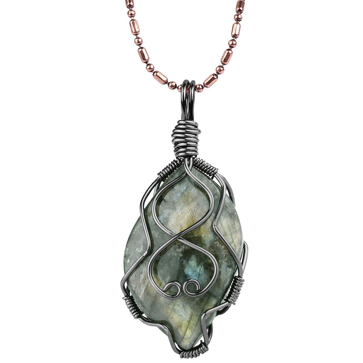 TUMBEELLUWA Labradorite Necklace Irregular Shape Wire Wrapped Quartz Crystal Pendant with Chain Healing Stone Jewelry,Style 2