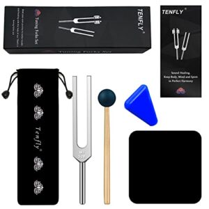 tenfly 528 hz tuning fork for healing, dna repair, reliever stress and perfect musical instrument, frequency of love, silver, with black rubber mallet, triangular silicone and velvet storage bag