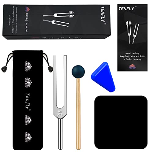 TENFLY 528 Hz Tuning Fork for Healing, DNA Repair, Reliever Stress and Perfect Musical Instrument, Frequency of Love, Silver, with Black Rubber Mallet, Triangular Silicone and Velvet Storage Bag