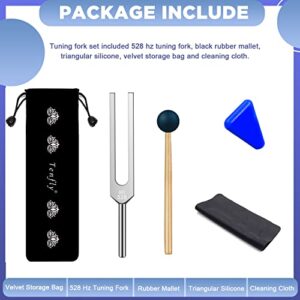 TENFLY 528 Hz Tuning Fork for Healing, DNA Repair, Reliever Stress and Perfect Musical Instrument, Frequency of Love, Silver, with Black Rubber Mallet, Triangular Silicone and Velvet Storage Bag