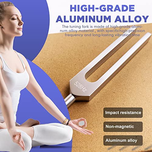 TENFLY 528 Hz Tuning Fork for Healing, DNA Repair, Reliever Stress and Perfect Musical Instrument, Frequency of Love, Silver, with Black Rubber Mallet, Triangular Silicone and Velvet Storage Bag