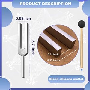 TENFLY 528 Hz Tuning Fork for Healing, DNA Repair, Reliever Stress and Perfect Musical Instrument, Frequency of Love, Silver, with Black Rubber Mallet, Triangular Silicone and Velvet Storage Bag