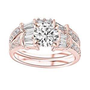 1.35 Carat 14K Rose Gold Baguette Round GIA Certified Round Cut Diamond Engagement Ring Wedding Bridal Band Set (0.6 Ct G Color SI2 Clarity Center Stone)